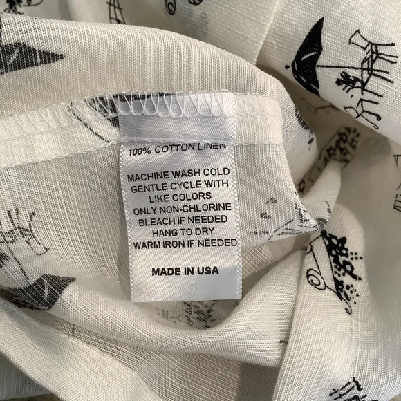 Canapé White & Black Linen Bow Blouse Novelty Print Flowers Size Medium - Picture 7 of 10